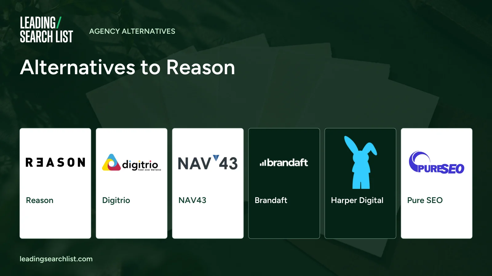 Alternatives to Reason. Logos shown: Reason, Digitrio, NAV43, Brandaft, Harper Digital, Pure SEO. Leading Search List.