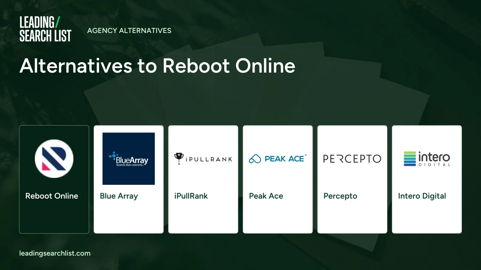Alternatives to Reboot Online. Logos shown: Reboot Online, Blue Array, iPullRank, Peak Ace, Percepto, Intero Digital. Leading Search List.