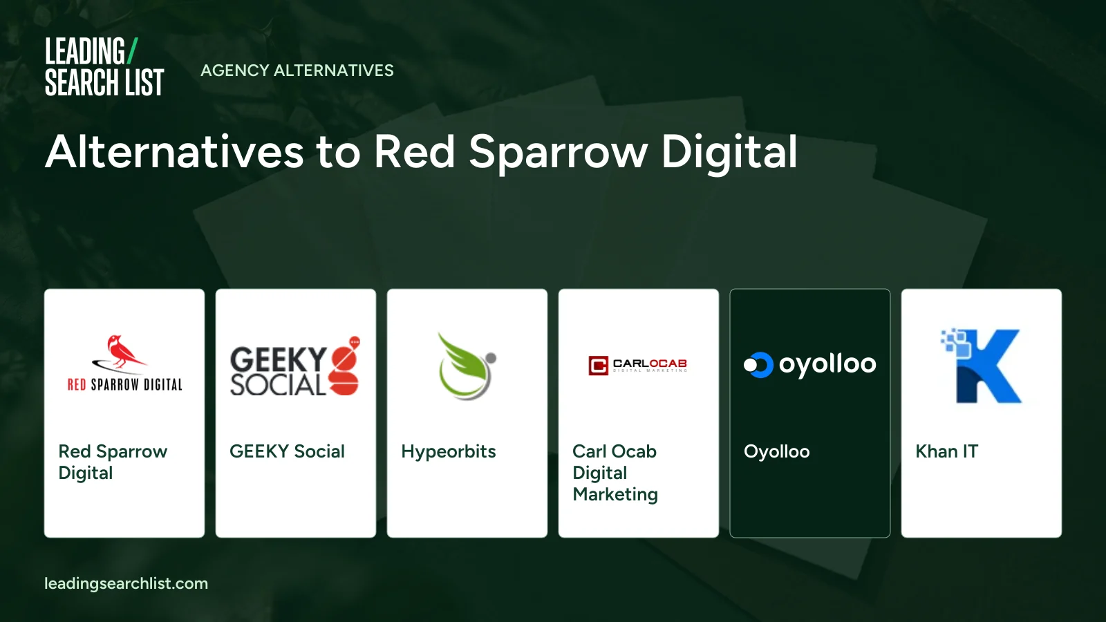 Alternatives to Red Sparrow Digital. Logos shown: Red Sparrow Digital, GEEKY Social, Hypeorbits, Carl Ocab Digital Marketing, Oyolloo, Khan IT. Leading Search List.