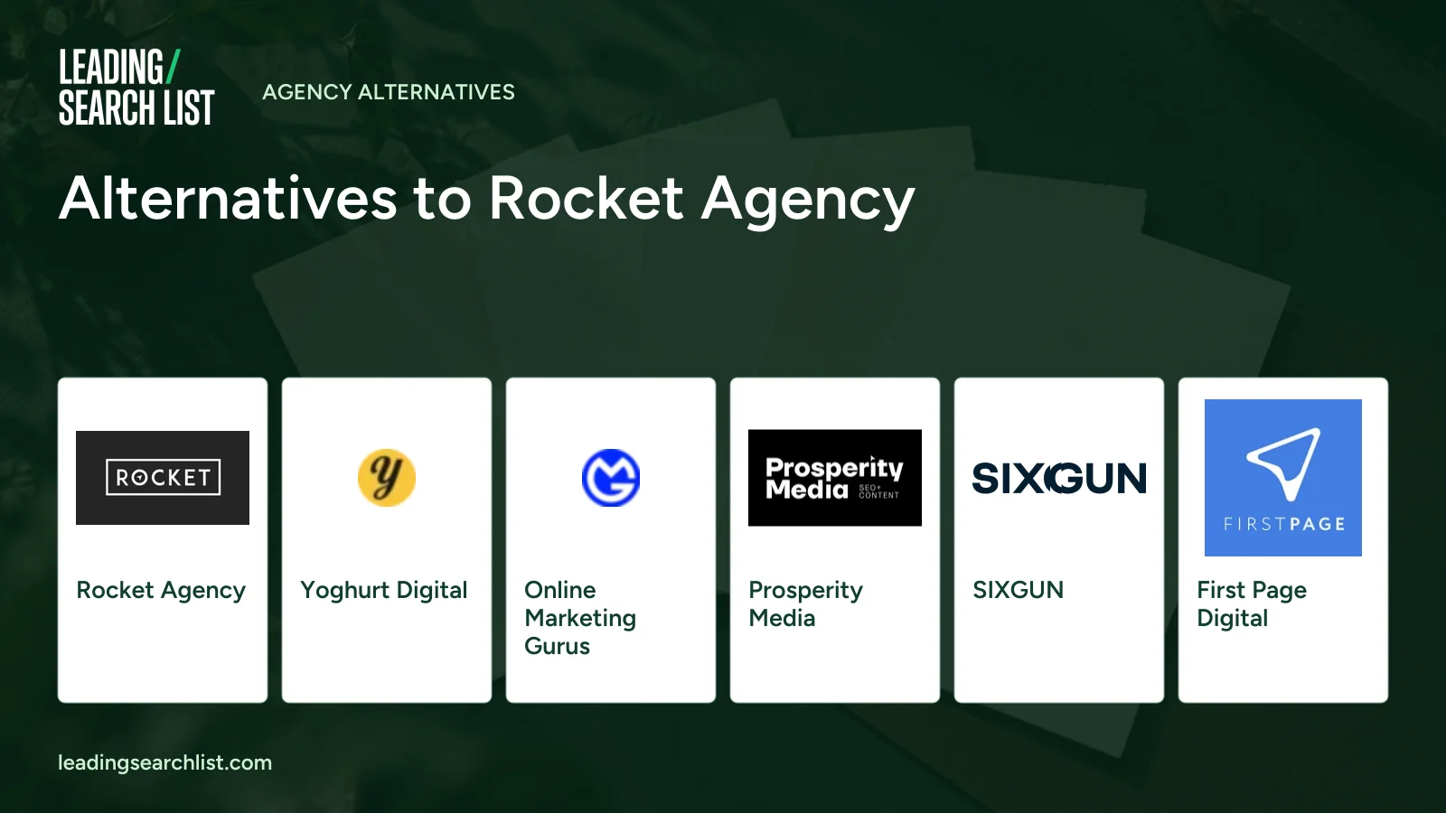 Alternatives to Rocket Agency. Logos shown: Rocket Agency, Yoghurt Digital, Online Marketing Gurus, Prosperity Media, SIXGUN, First Page Digital. Leading Search List.