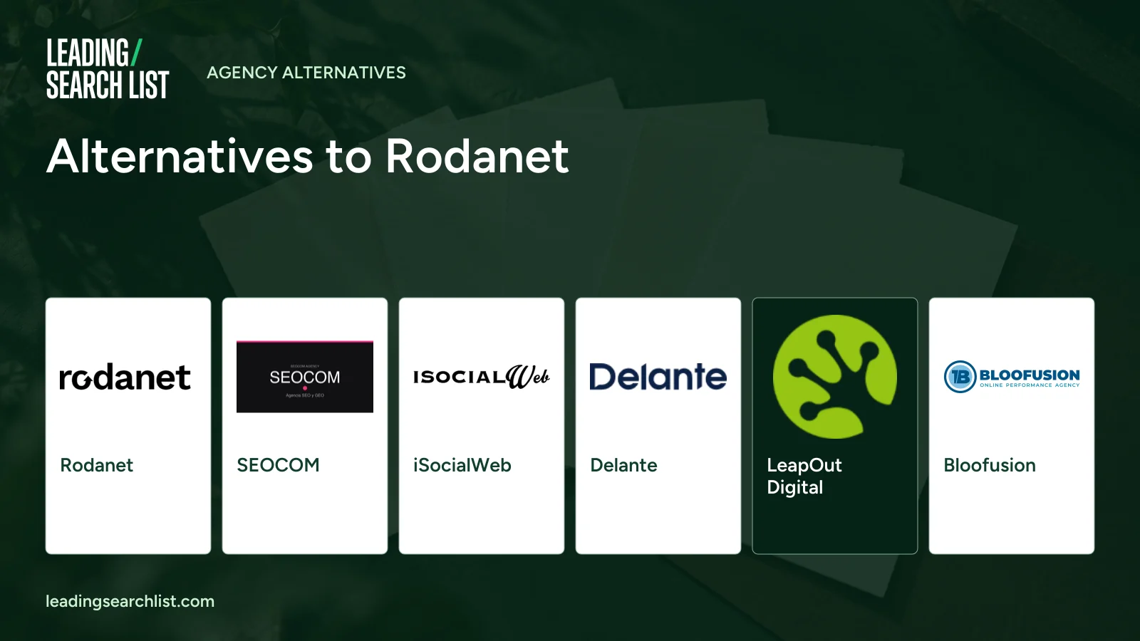 Alternatives to Rodanet. Logos shown: Rodanet, SEOCOM, iSocialWeb, Delante, LeapOut Digital, Bloofusion. Leading Search List.