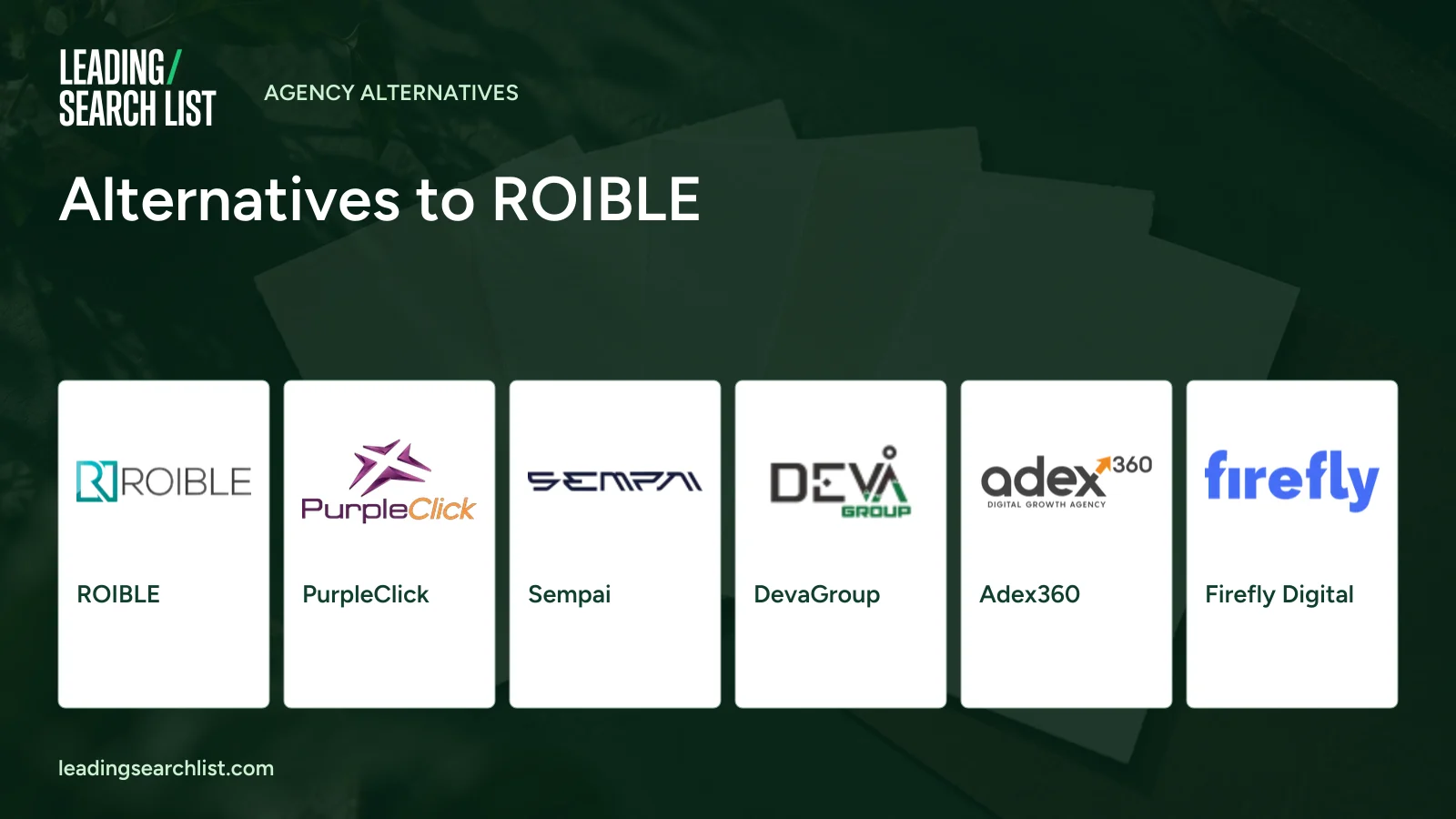 Alternatives to ROIBLE. Logos shown: ROIBLE, PurpleClick, Sempai, DevaGroup, Adex360, Firefly Digital. Leading Search List.