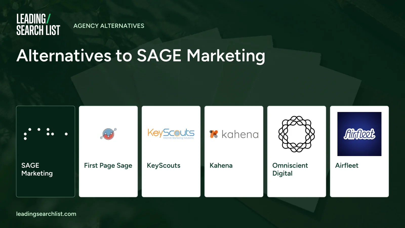 Alternatives to SAGE Marketing. Logos shown: SAGE Marketing, First Page Sage, KeyScouts, Kahena, Omniscient Digital, Airfleet. Leading Search List.