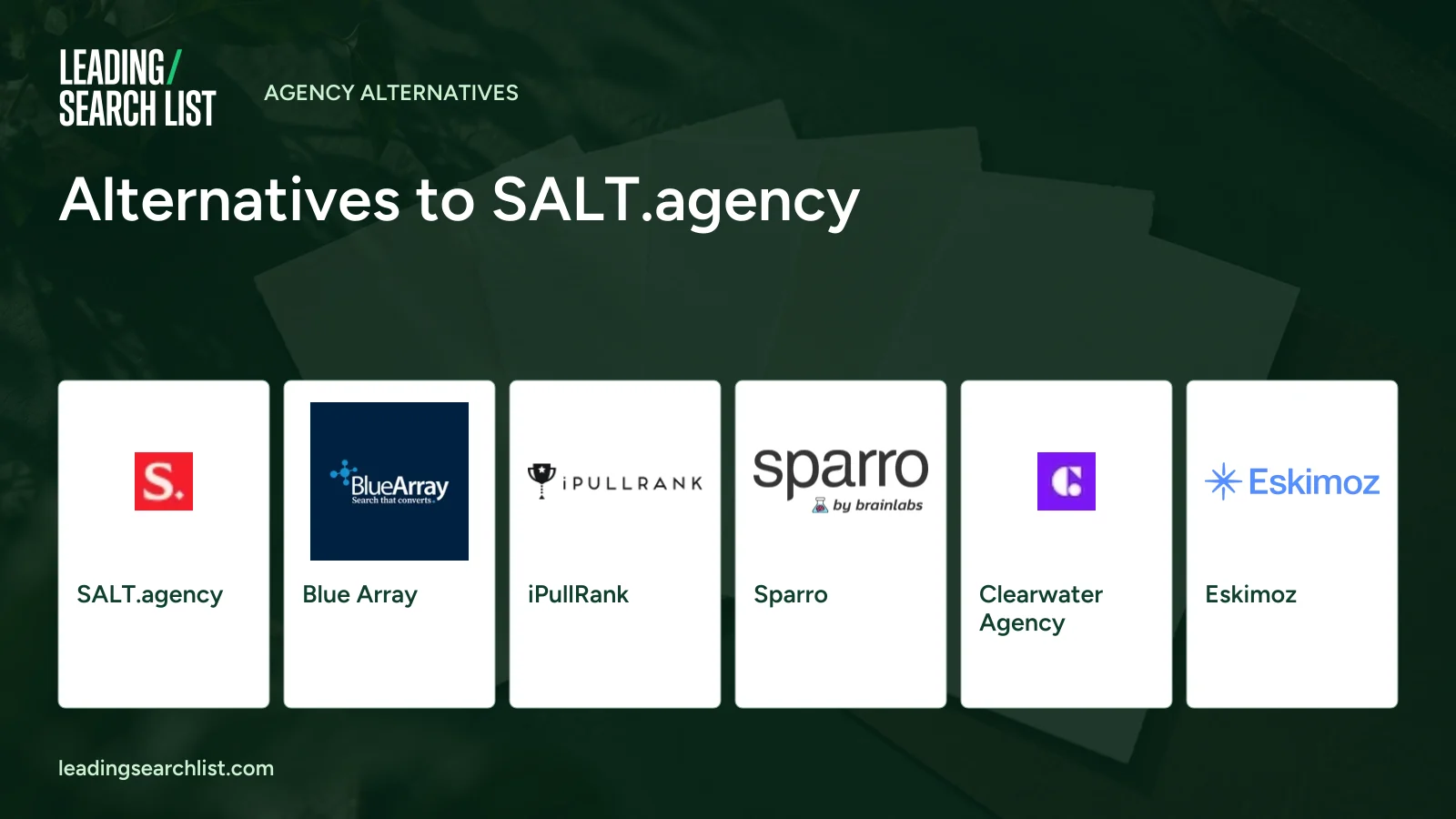 Alternatives to SALT.agency. Logos shown: SALT.agency, Blue Array, iPullRank, Sparro, Clearwater Agency, Eskimoz. Leading Search List.
