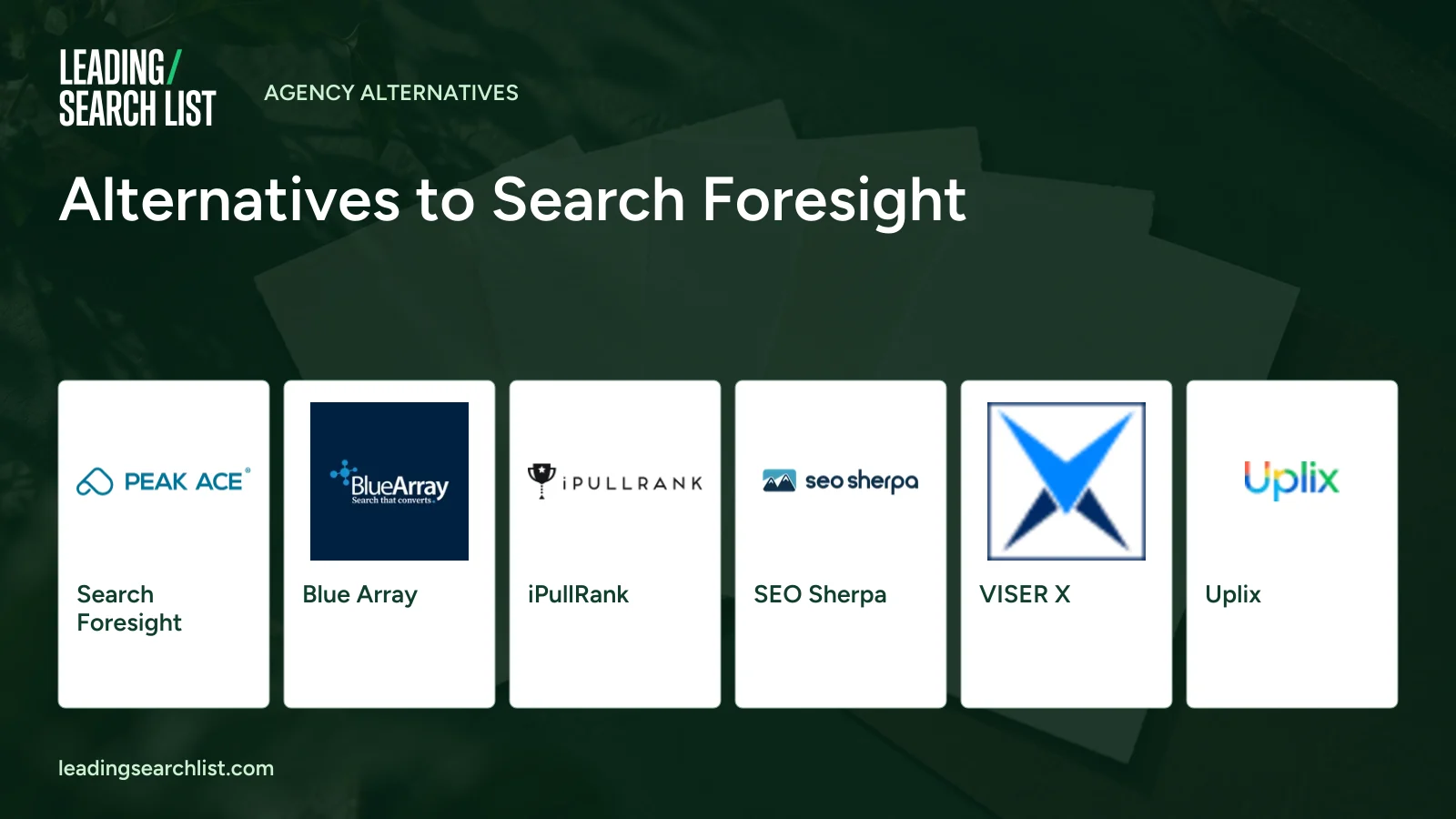Alternatives to Search Foresight. Logos shown: Search Foresight, Blue Array, iPullRank, SEO Sherpa, VISER X, Uplix. Leading Search List.