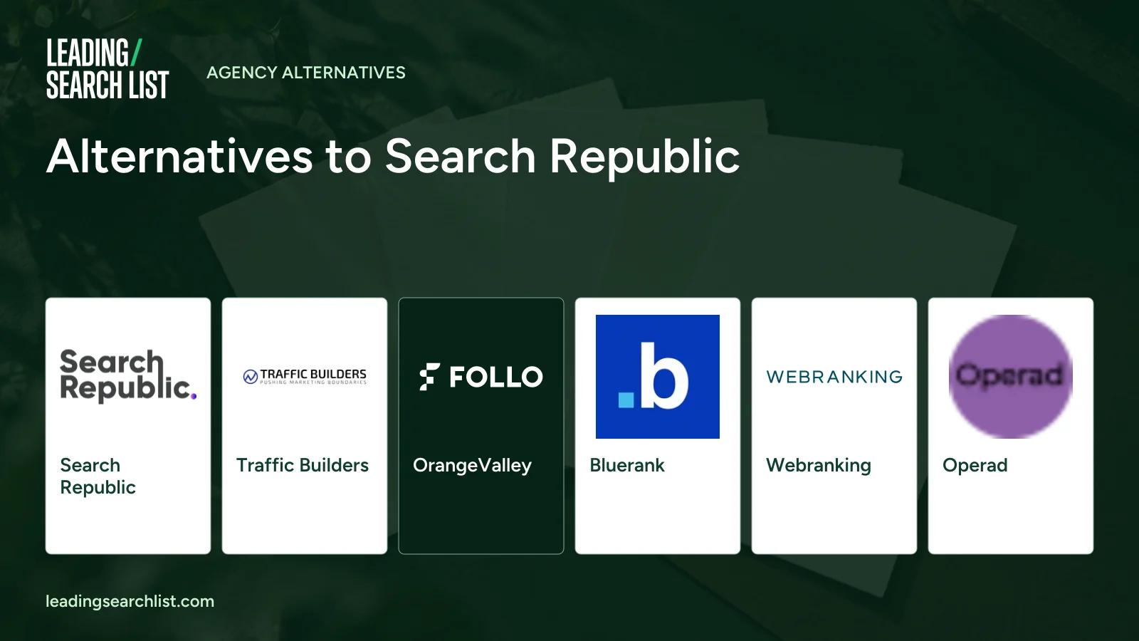 Alternatives to Search Republic. Logos shown: Search Republic, Traffic Builders, OrangeValley, Bluerank, Webranking, Operad. Leading Search List.