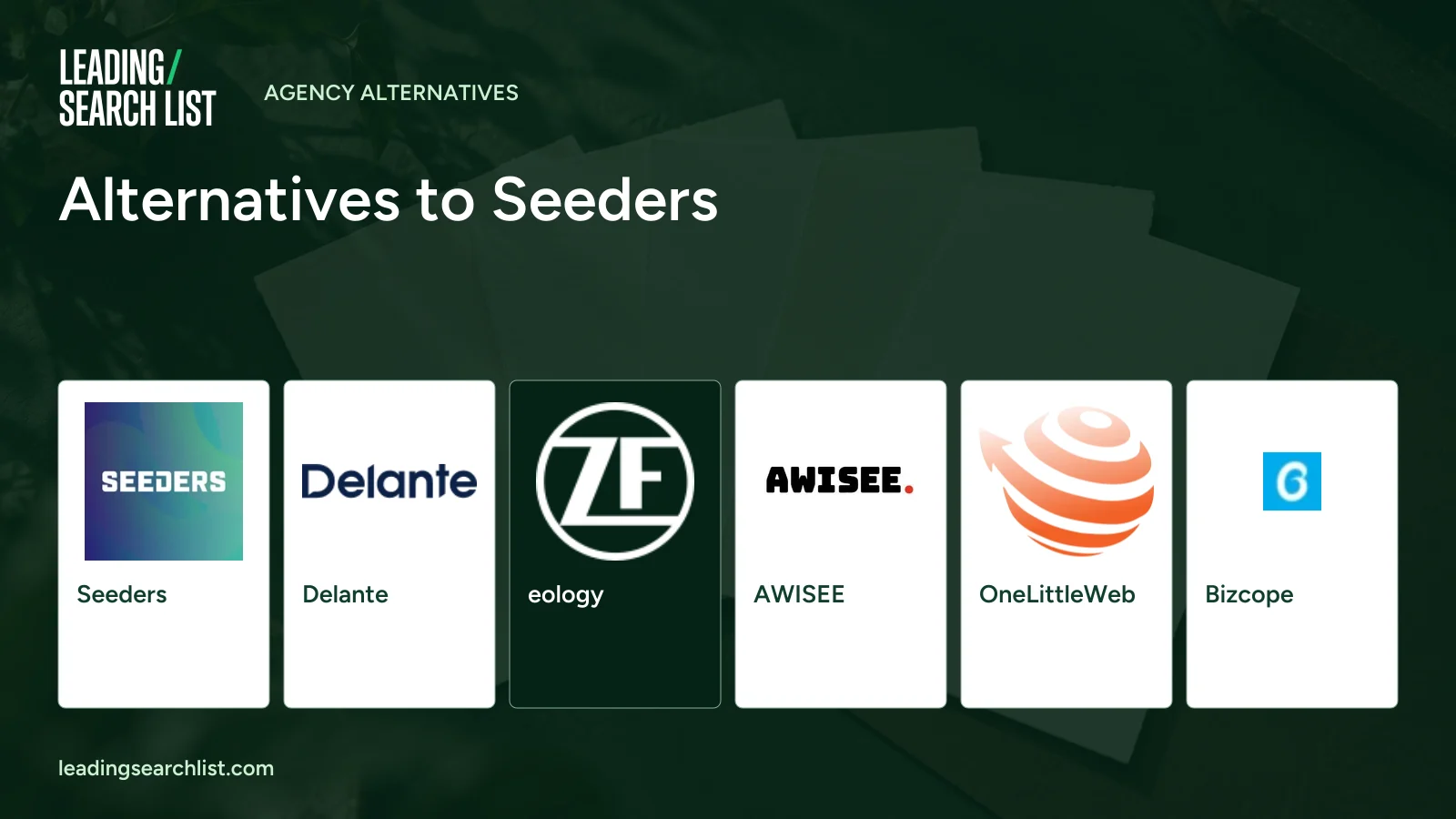 Alternatives to Seeders. Logos shown: Seeders, Delante, eology, AWISEE, OneLittleWeb, Bizcope. Leading Search List.