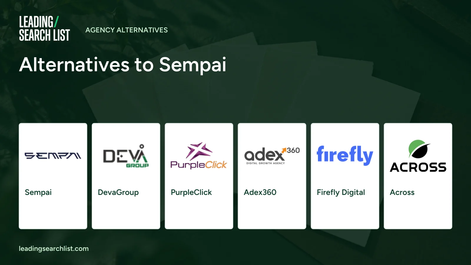 Alternatives to Sempai. Logos shown: Sempai, DevaGroup, PurpleClick, Adex360, Firefly Digital, Across. Leading Search List.