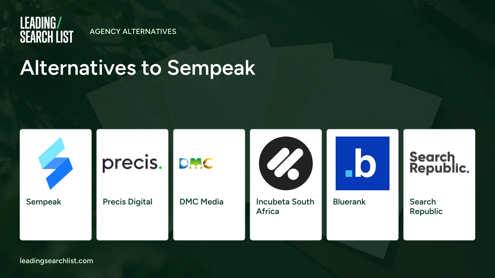 Alternatives to Sempeak. Logos shown: Sempeak, Precis Digital, DMC Media, Incubeta South Africa, Bluerank, Search Republic. Leading Search List.