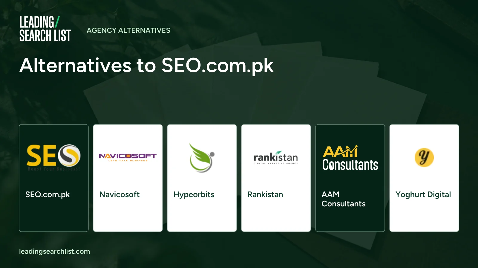 Alternatives to SEO.com.pk. Logos shown: SEO.com.pk, Navicosoft, Hypeorbits, Rankistan, AAM Consultants, Yoghurt Digital. Leading Search List.