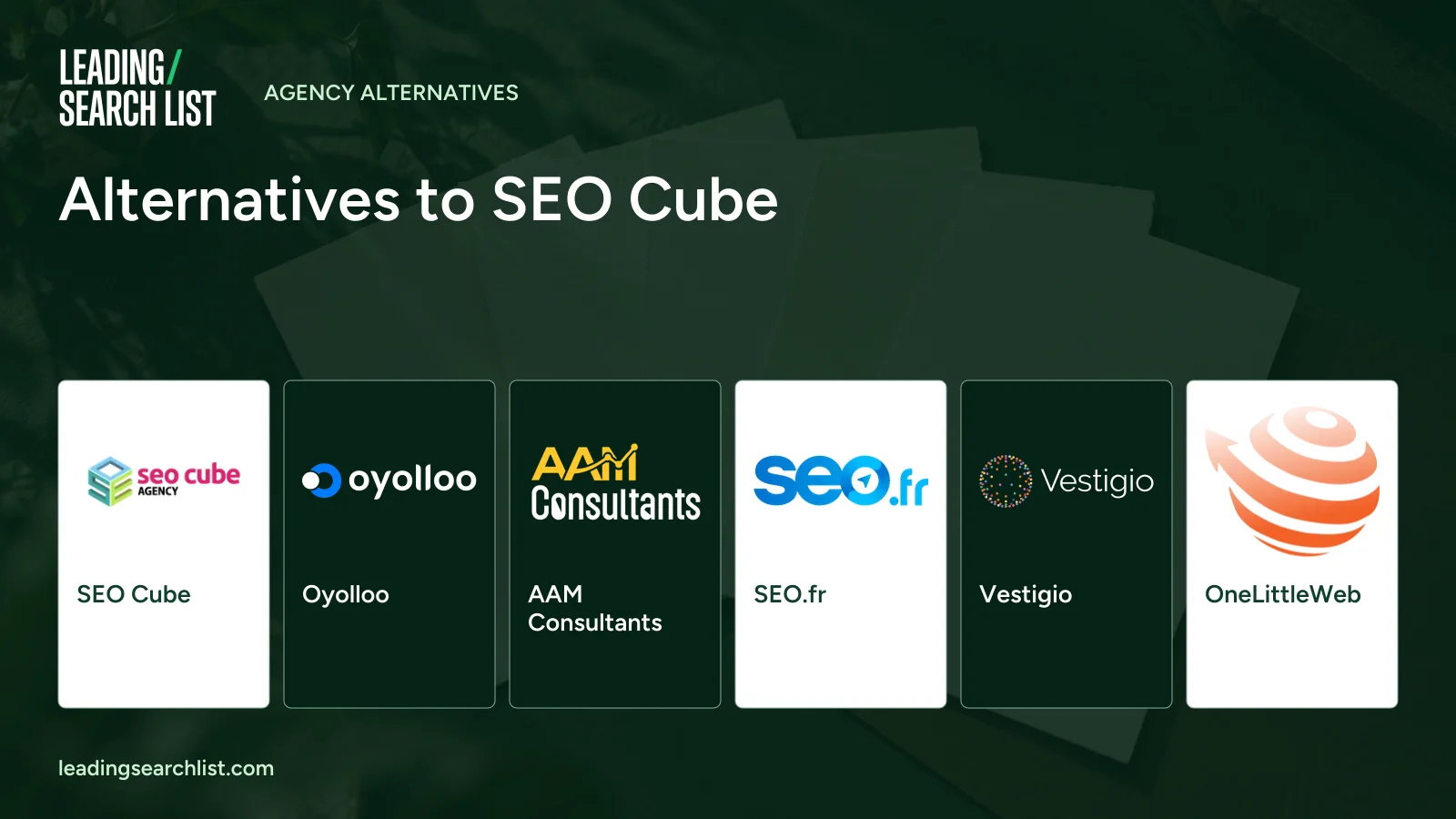 Alternatives to SEO Cube. Logos shown: SEO Cube, Oyolloo, AAM Consultants, SEO.fr, Vestigio, OneLittleWeb. Leading Search List.