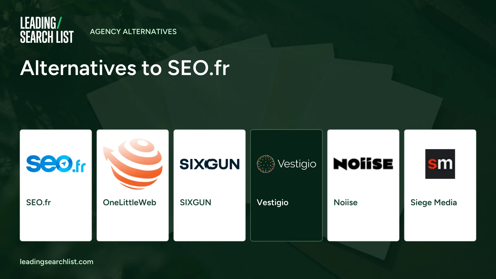 Alternatives to SEO.fr. Logos shown: SEO.fr, OneLittleWeb, SIXGUN, Vestigio, Noiise, Siege Media. Leading Search List.