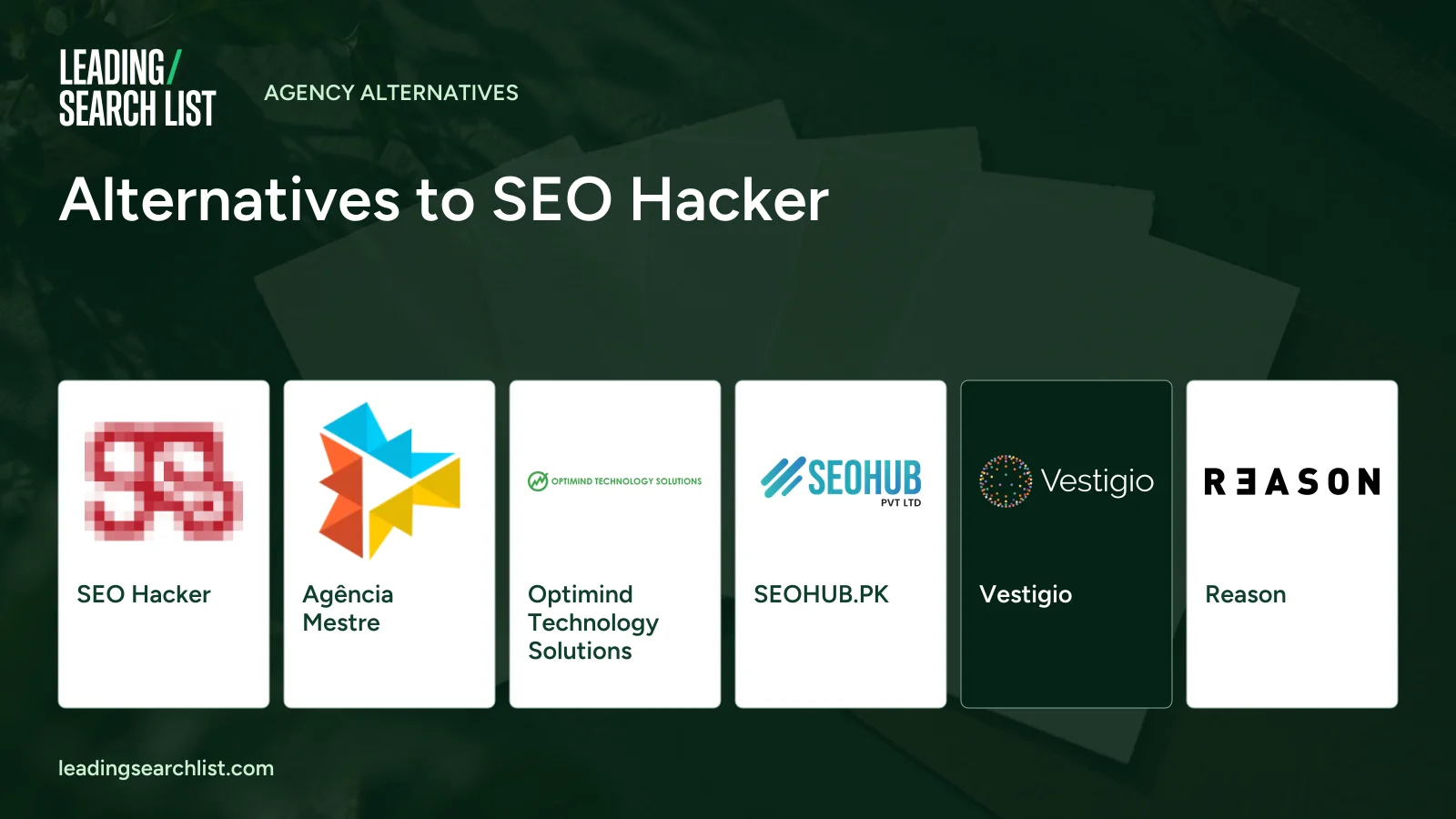 Alternatives to SEO Hacker. Logos shown: SEO Hacker, Agência Mestre, Optimind Technology Solutions, SEOHUB.PK, Vestigio, Reason. Leading Search List.