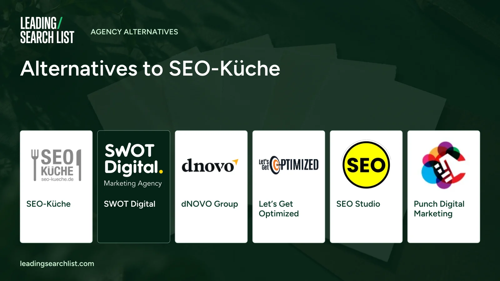 Alternatives to SEO-Küche. Logos shown: SEO-Küche, SWOT Digital, dNOVO Group, Let’s Get Optimized, SEO Studio, Punch Digital Marketing. Leading Search List.