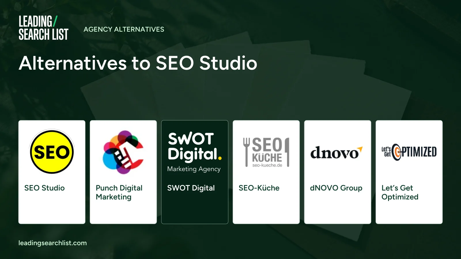 Alternatives to SEO Studio. Logos shown: SEO Studio, Punch Digital Marketing, SWOT Digital, SEO-Küche, dNOVO Group, Let’s Get Optimized. Leading Search List.