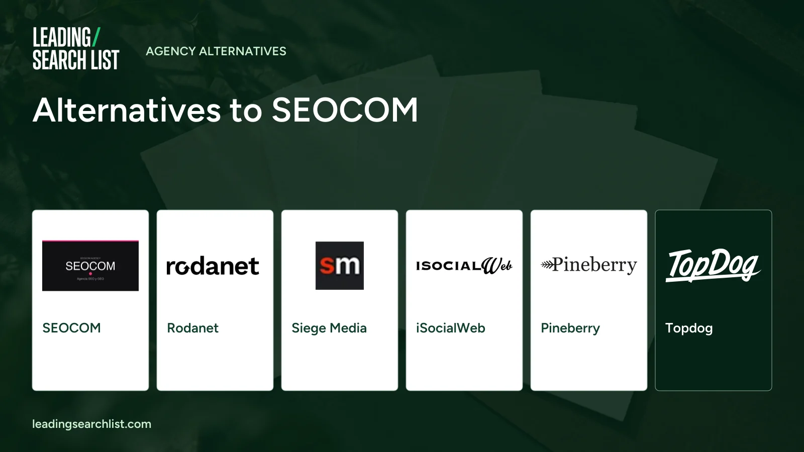 Alternatives to SEOCOM. Logos shown: SEOCOM, Rodanet, Siege Media, iSocialWeb, Pineberry, Topdog. Leading Search List.