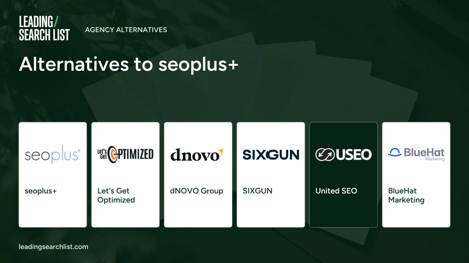 Alternatives to seoplus+. Logos shown: seoplus+, Let’s Get Optimized, dNOVO Group, SIXGUN, United SEO, BlueHat Marketing. Leading Search List.