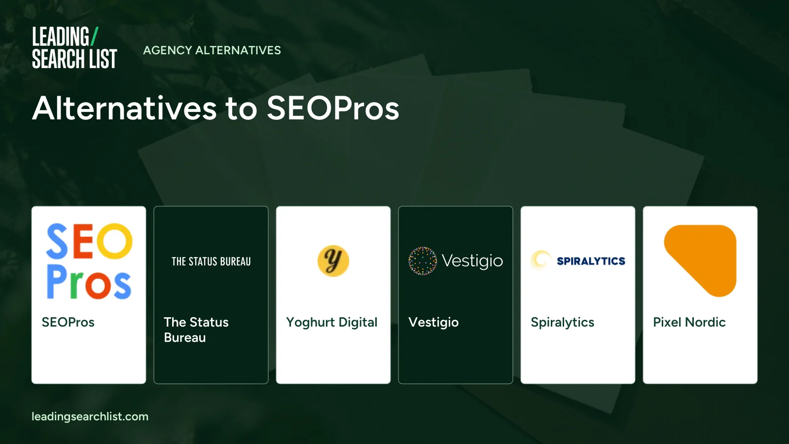 Alternatives to SEOPros. Logos shown: SEOPros, The Status Bureau, Yoghurt Digital, Vestigio, Spiralytics, Pixel Nordic. Leading Search List.