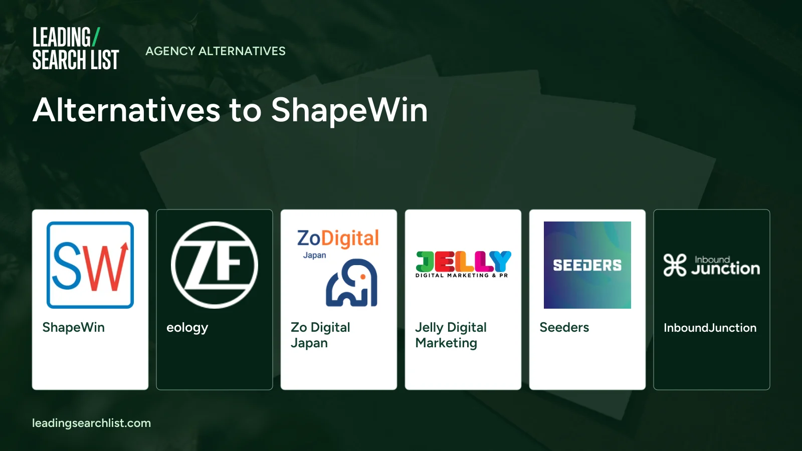 Alternatives to ShapeWin. Logos shown: ShapeWin, eology, Zo Digital Japan, Jelly Digital Marketing, Seeders, InboundJunction. Leading Search List.