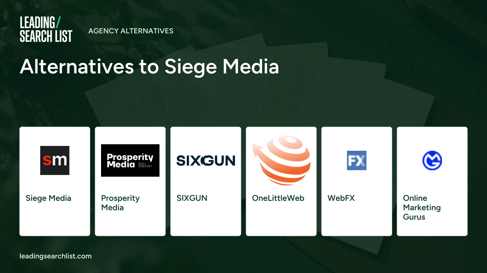 Alternatives to Siege Media. Logos shown: Siege Media, Prosperity Media, SIXGUN, OneLittleWeb, WebFX, Online Marketing Gurus. Leading Search List.