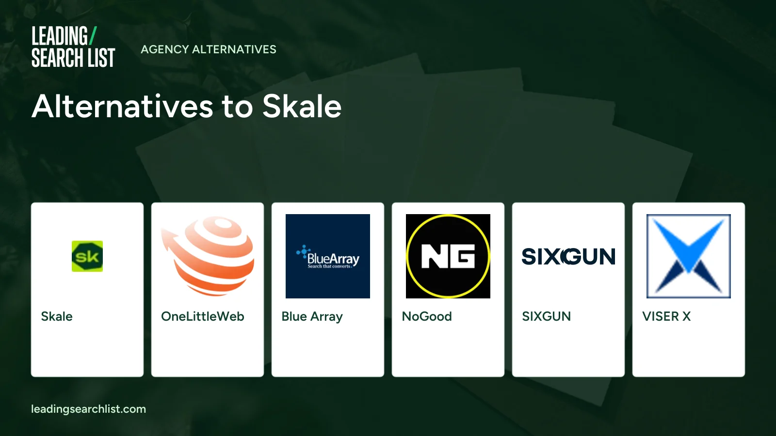 Alternatives to Skale. Logos shown: Skale, OneLittleWeb, Blue Array, NoGood, SIXGUN, VISER X. Leading Search List.