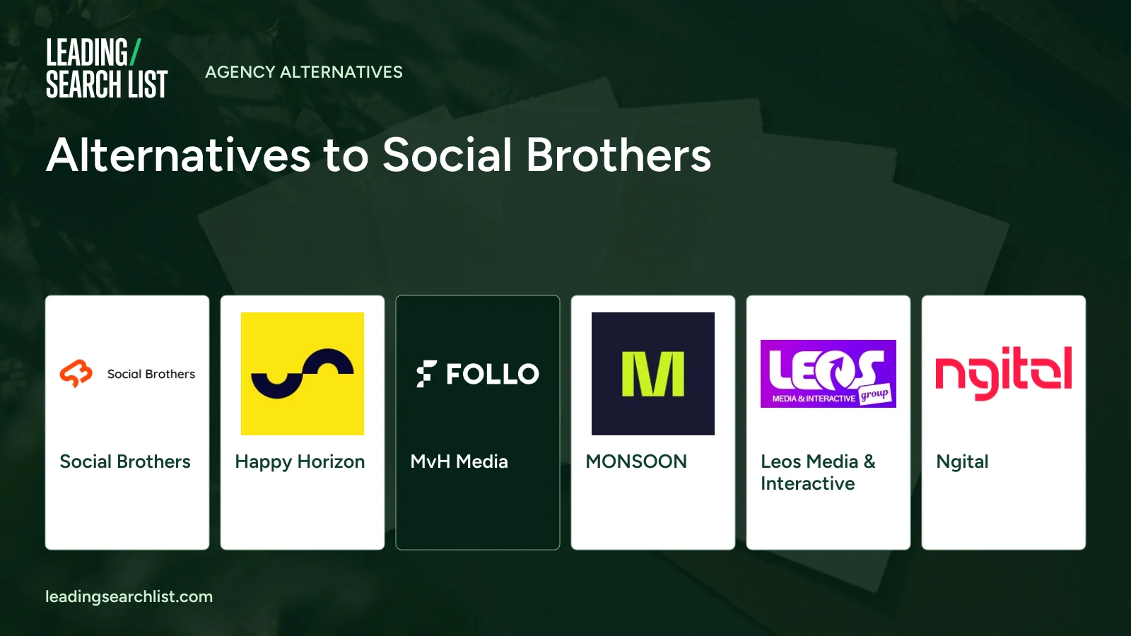 Alternatives to Social Brothers. Logos shown: Social Brothers, Happy Horizon, MvH Media, MONSOON, Leos Media & Interactive, Ngital. Leading Search List.