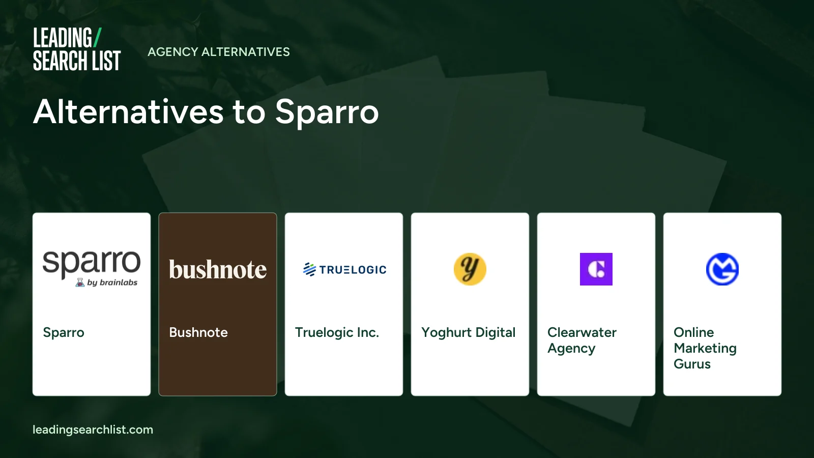 Alternatives to Sparro. Logos shown: Sparro, Bushnote, Truelogic Inc., Yoghurt Digital, Clearwater Agency, Online Marketing Gurus. Leading Search List.
