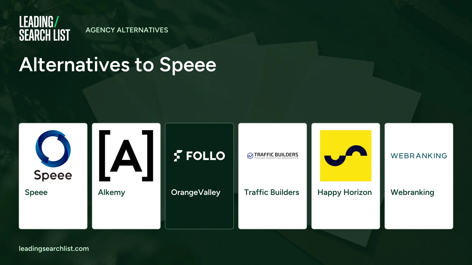 Alternatives to Speee. Logos shown: Speee, Alkemy, OrangeValley, Traffic Builders, Happy Horizon, Webranking. Leading Search List.
