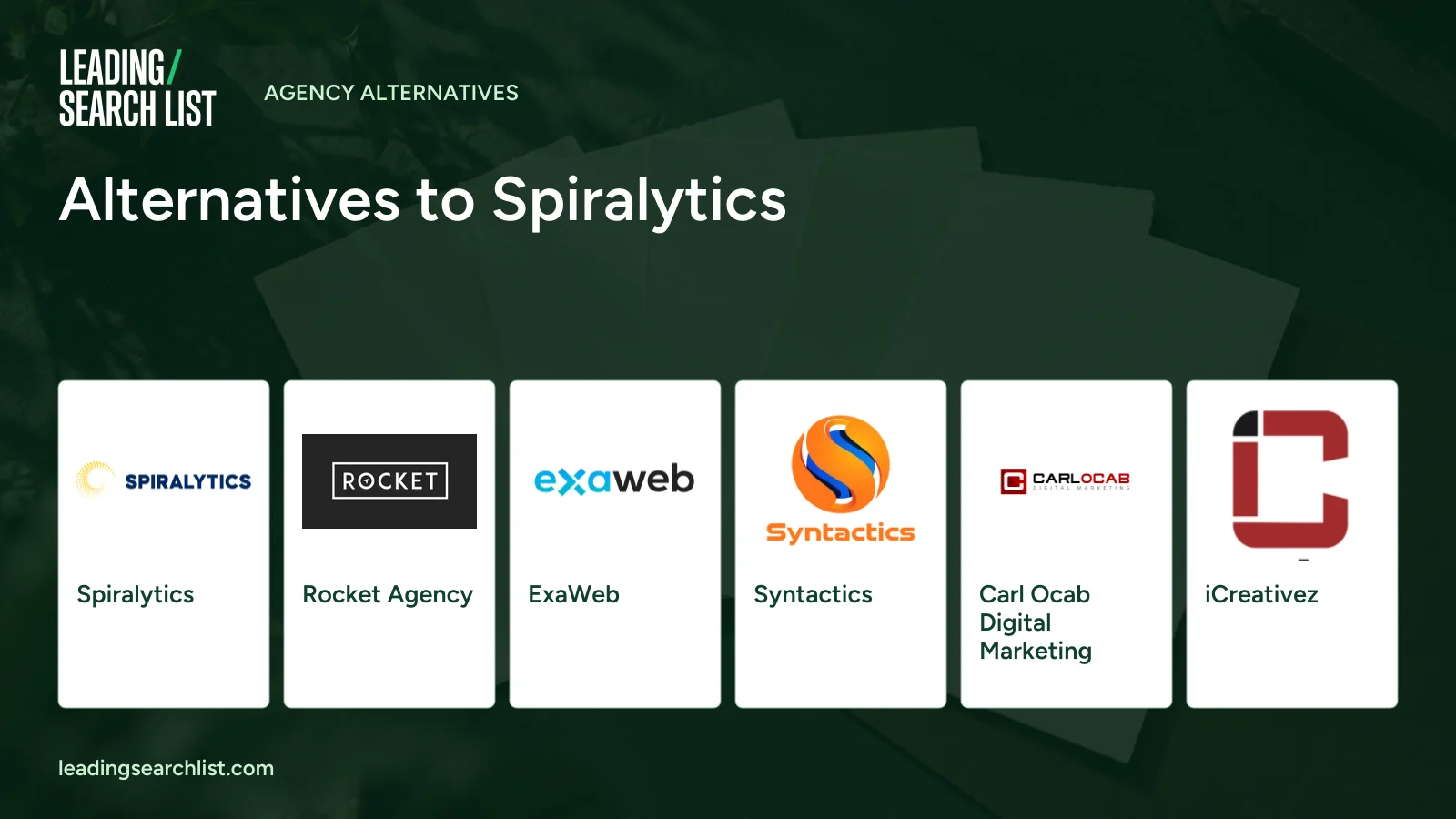 Alternatives to Spiralytics. Logos shown: Spiralytics, Rocket Agency, ExaWeb, Syntactics, Carl Ocab Digital Marketing, iCreativez. Leading Search List.