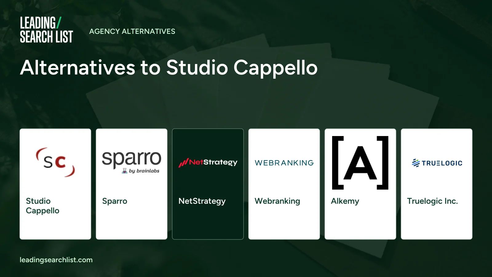 Alternatives to Studio Cappello. Logos shown: Studio Cappello, Sparro, NetStrategy, Webranking, Alkemy, Truelogic Inc.. Leading Search List.