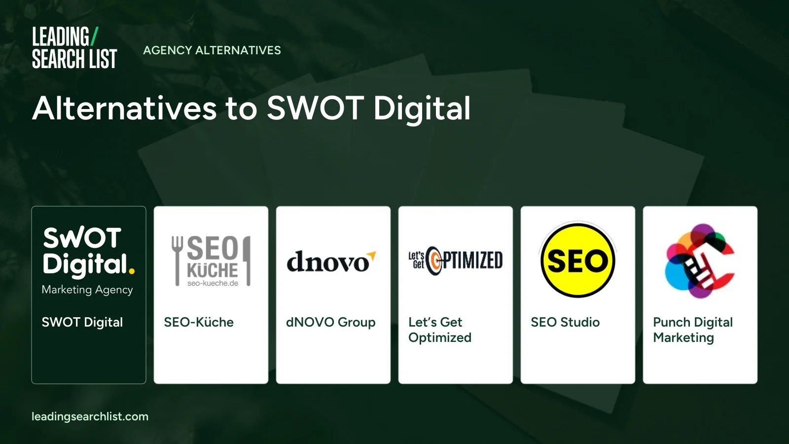 Alternatives to SWOT Digital. Logos shown: SWOT Digital, SEO-Küche, dNOVO Group, Let’s Get Optimized, SEO Studio, Punch Digital Marketing. Leading Search List.