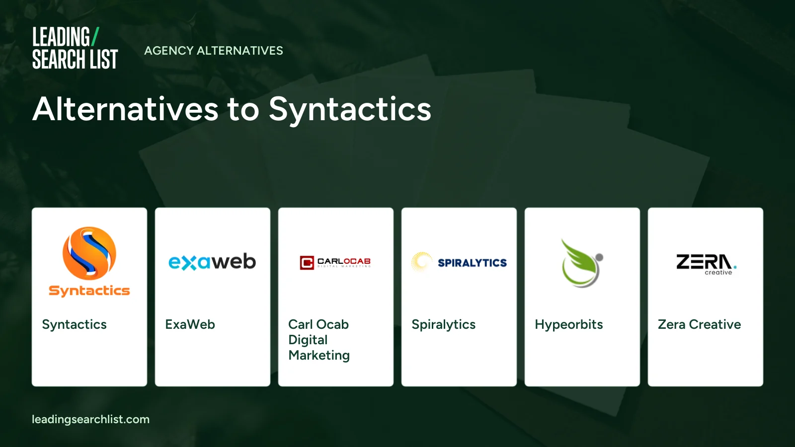 Alternatives to Syntactics. Logos shown: Syntactics, ExaWeb, Carl Ocab Digital Marketing, Spiralytics, Hypeorbits, Zera Creative. Leading Search List.