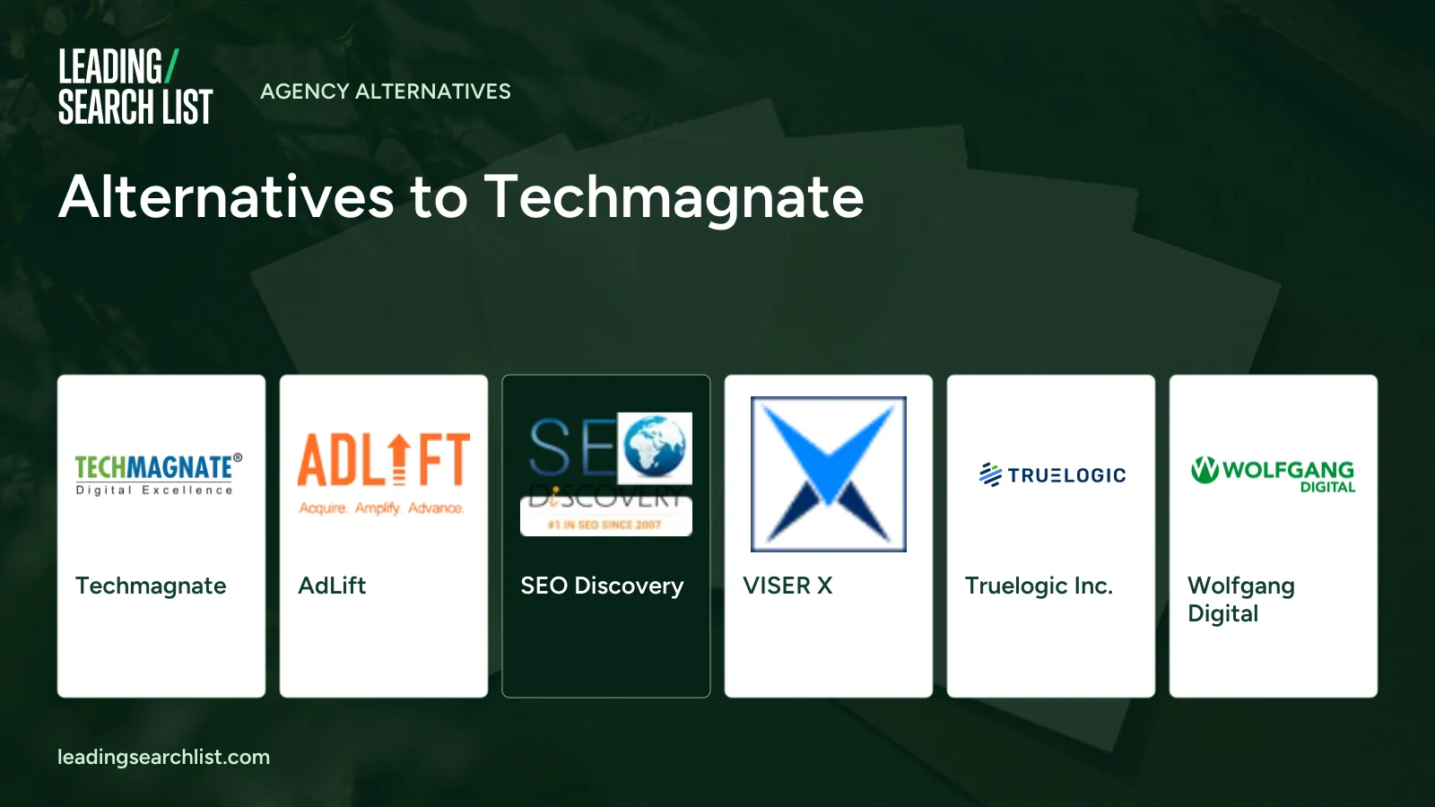 Alternatives to Techmagnate. Logos shown: Techmagnate, AdLift, SEO Discovery, VISER X, Truelogic Inc., Wolfgang Digital. Leading Search List.
