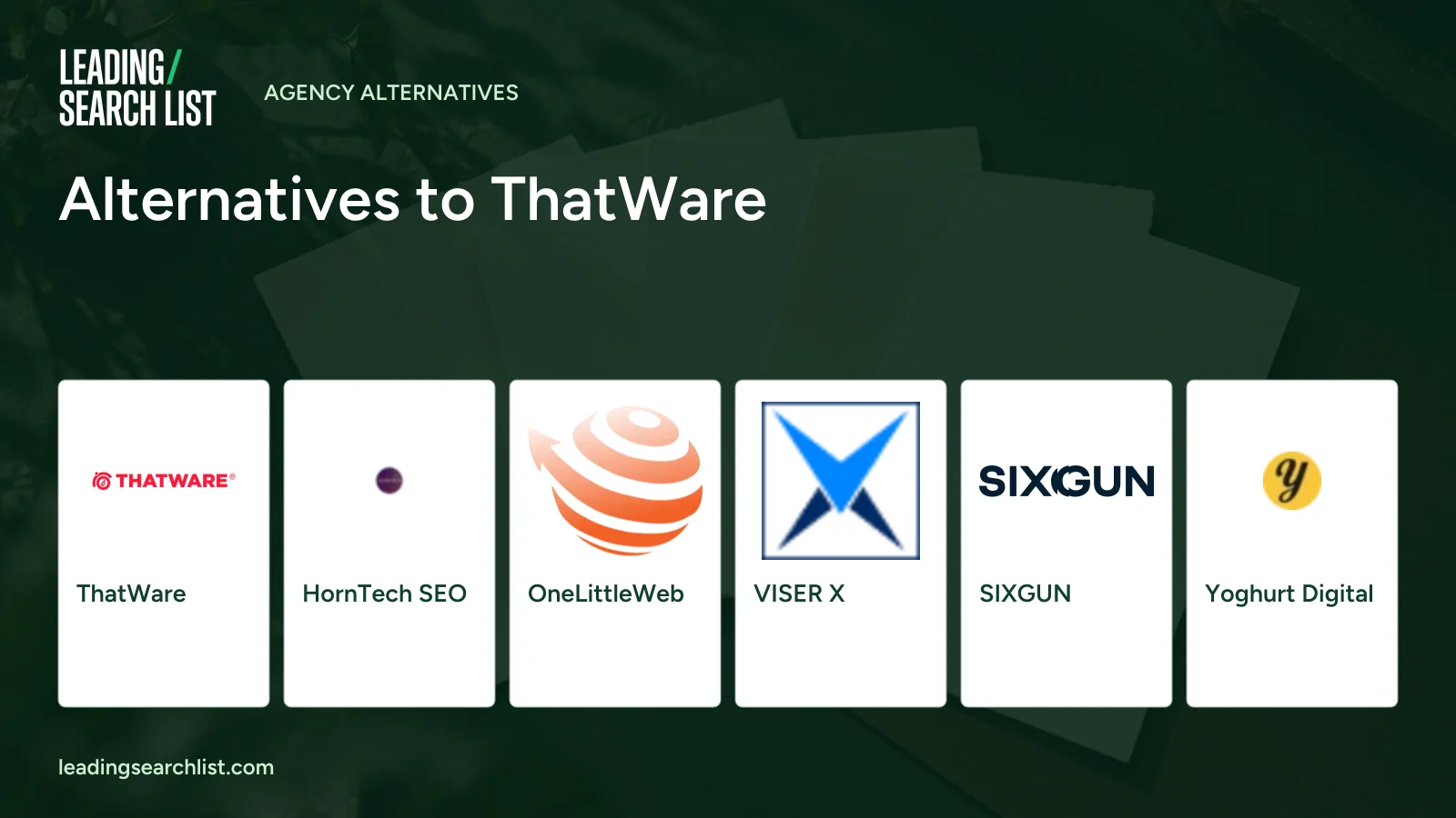 Alternatives to ThatWare. Logos shown: ThatWare, HornTech SEO, OneLittleWeb, VISER X, SIXGUN, Yoghurt Digital. Leading Search List.