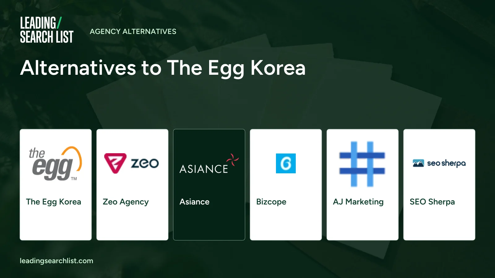 Alternatives to The Egg Korea. Logos shown: The Egg Korea, Zeo Agency, Asiance, Bizcope, AJ Marketing, SEO Sherpa. Leading Search List.