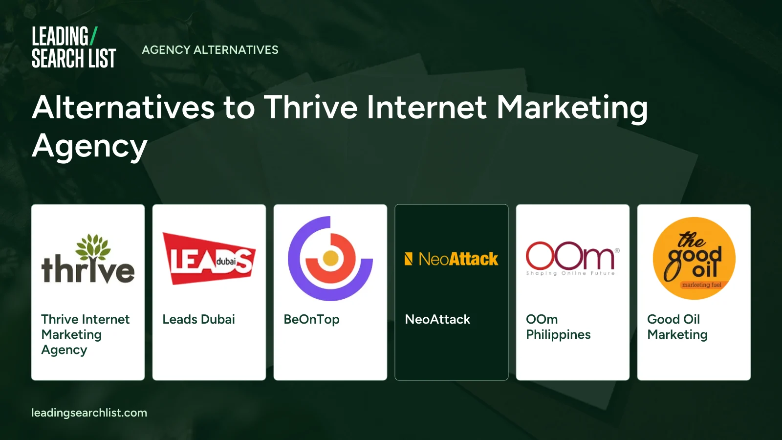 Alternatives to Thrive Internet Marketing Agency. Logos shown: Thrive Internet Marketing Agency, Leads Dubai, BeOnTop, NeoAttack, OOm Philippines, Good Oil Marketing. Leading Search List.