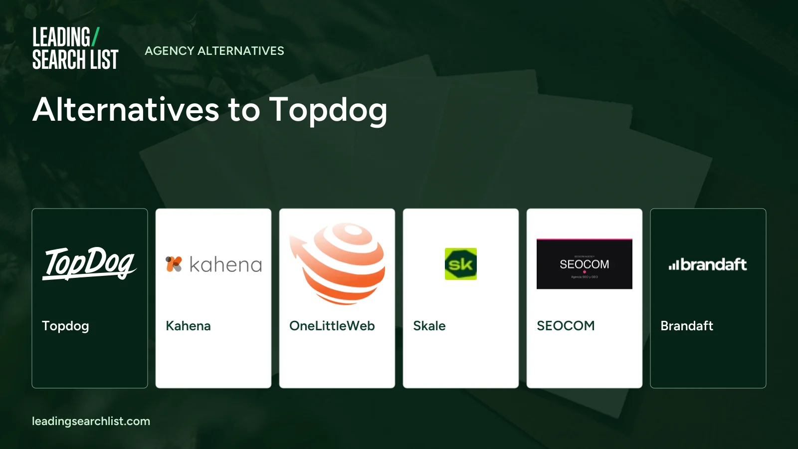 Alternatives to Topdog. Logos shown: Topdog, Kahena, OneLittleWeb, Skale, SEOCOM, Brandaft. Leading Search List.