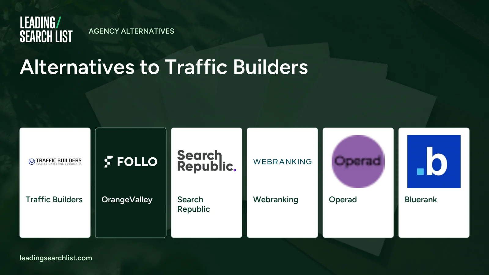 Alternatives to Traffic Builders. Logos shown: Traffic Builders, OrangeValley, Search Republic, Webranking, Operad, Bluerank. Leading Search List.