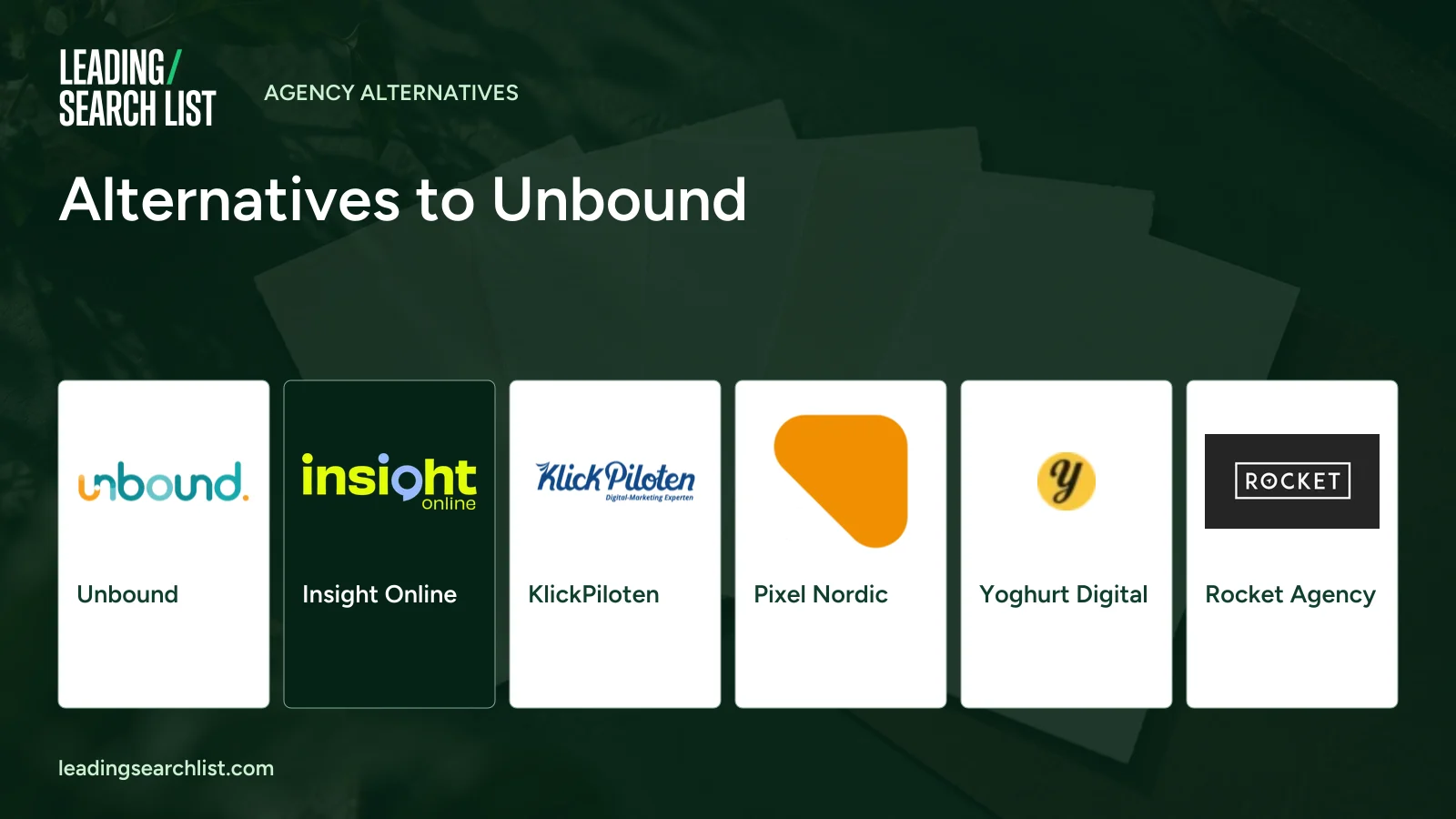 Alternatives to Unbound. Logos shown: Unbound, Insight Online, KlickPiloten, Pixel Nordic, Yoghurt Digital, Rocket Agency. Leading Search List.