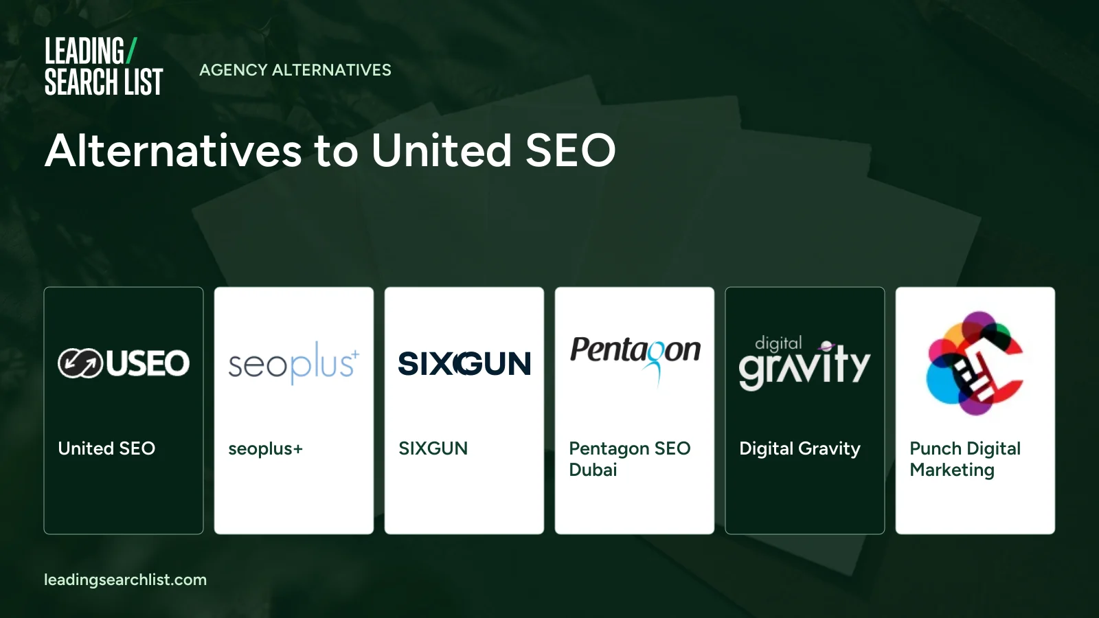 Alternatives to United SEO. Logos shown: United SEO, seoplus+, SIXGUN, Pentagon SEO Dubai, Digital Gravity, Punch Digital Marketing. Leading Search List.