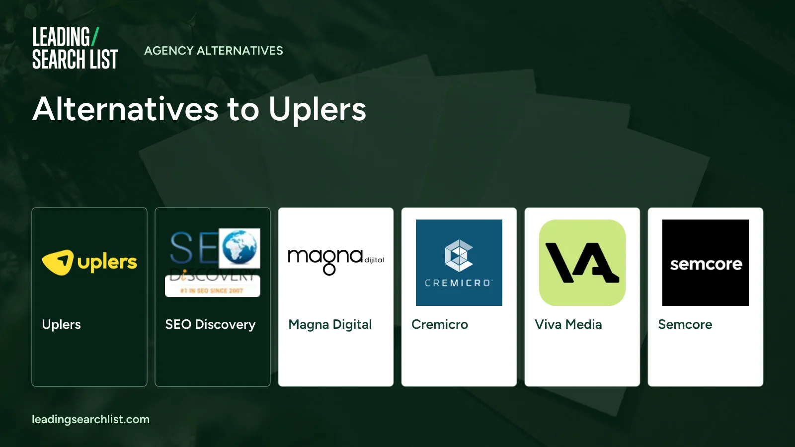 Alternatives to Uplers. Logos shown: Uplers, SEO Discovery, Magna Digital, Cremicro, Viva Media, Semcore. Leading Search List.