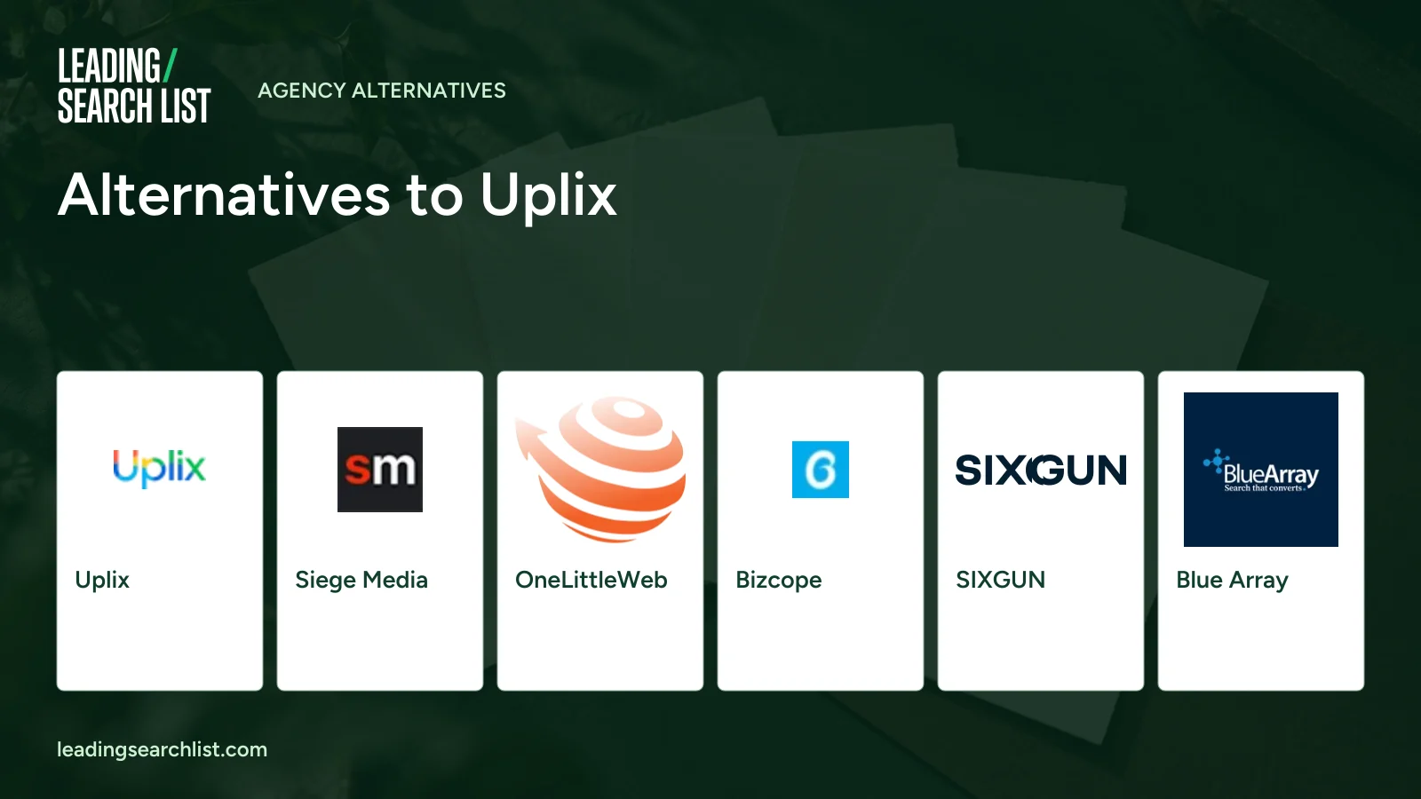 Alternatives to Uplix. Logos shown: Uplix, Siege Media, OneLittleWeb, Bizcope, SIXGUN, Blue Array. Leading Search List.