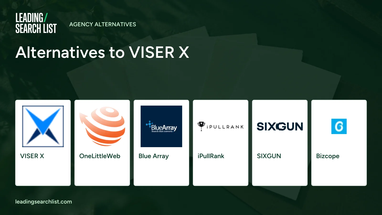 Alternatives to VISER X. Logos shown: VISER X, OneLittleWeb, Blue Array, iPullRank, SIXGUN, Bizcope. Leading Search List.