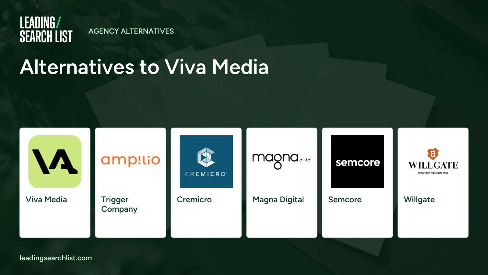 Alternatives to Viva Media. Logos shown: Viva Media, Trigger Company, Cremicro, Magna Digital, Semcore, Willgate. Leading Search List.