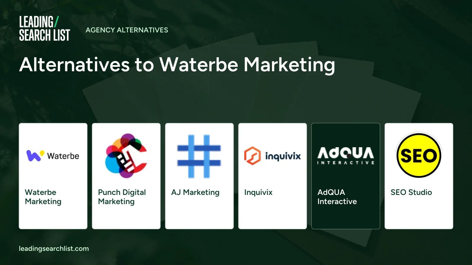 Alternatives to Waterbe Marketing. Logos shown: Waterbe Marketing, Punch Digital Marketing, AJ Marketing, Inquivix, AdQUA Interactive, SEO Studio. Leading Search List.