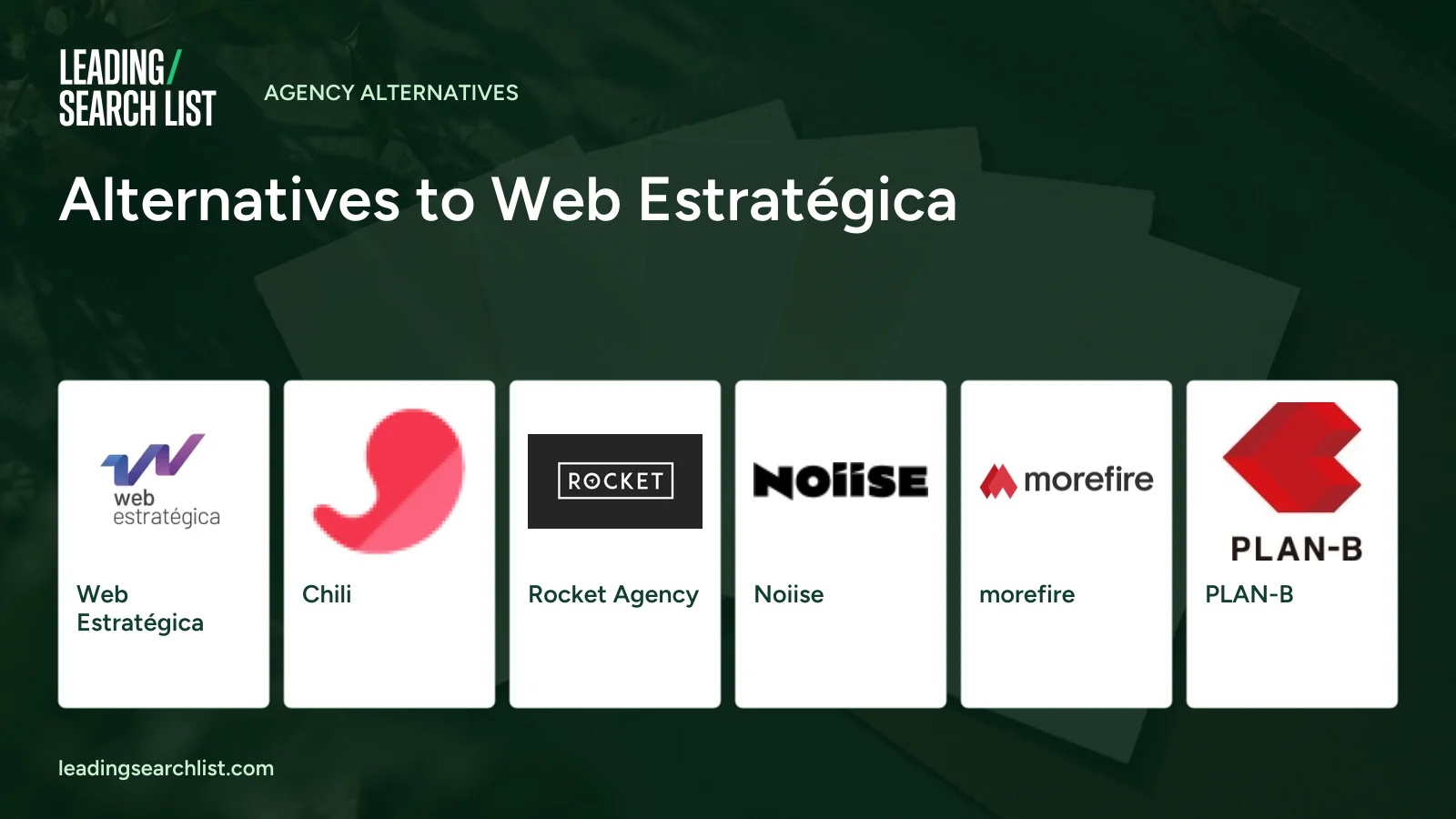 Alternatives to Web Estratégica. Logos shown: Web Estratégica, Chili, Rocket Agency, Noiise, morefire, PLAN-B. Leading Search List.