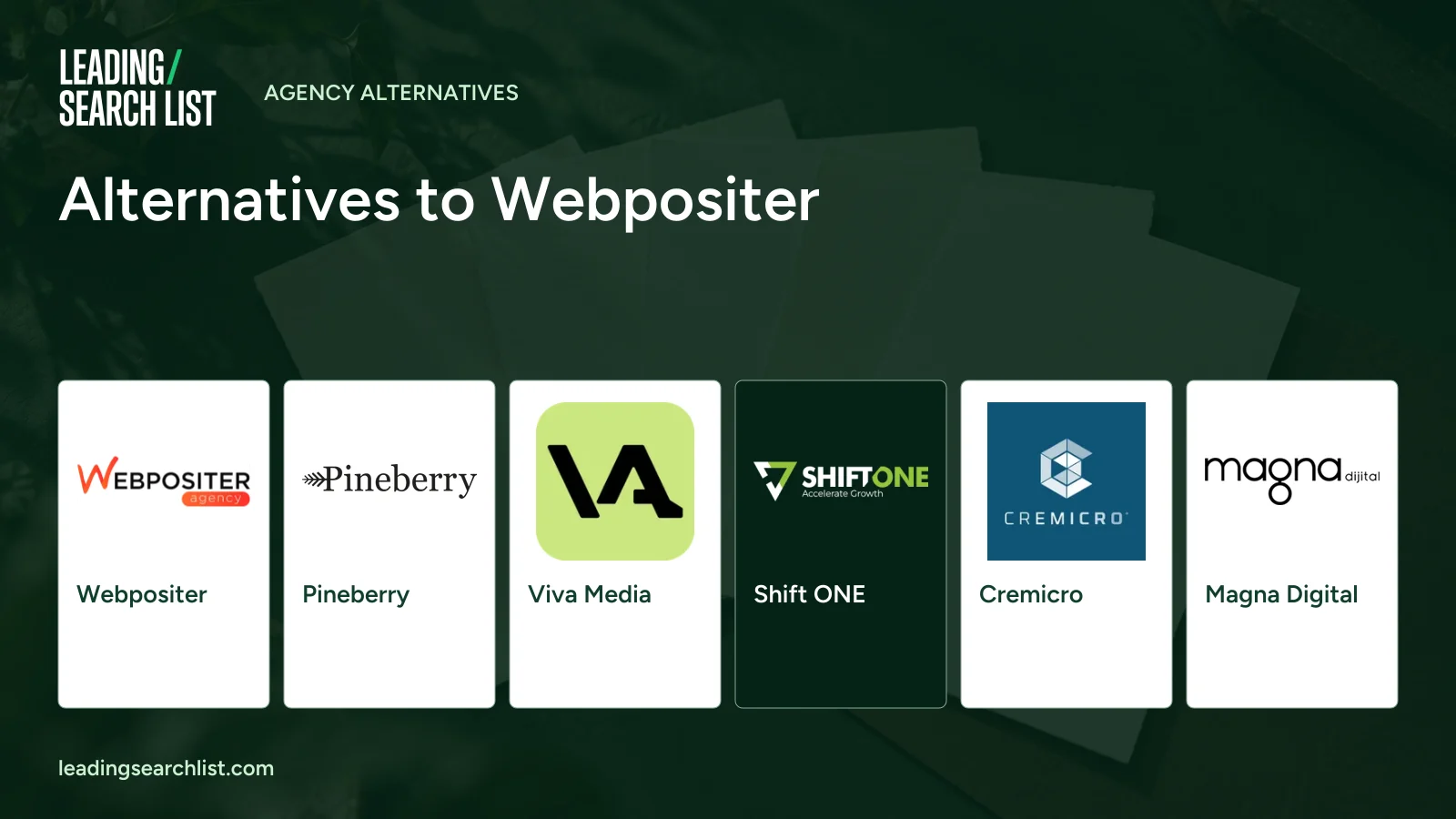 Alternatives to Webpositer. Logos shown: Webpositer, Pineberry, Viva Media, Shift ONE, Cremicro, Magna Digital. Leading Search List.