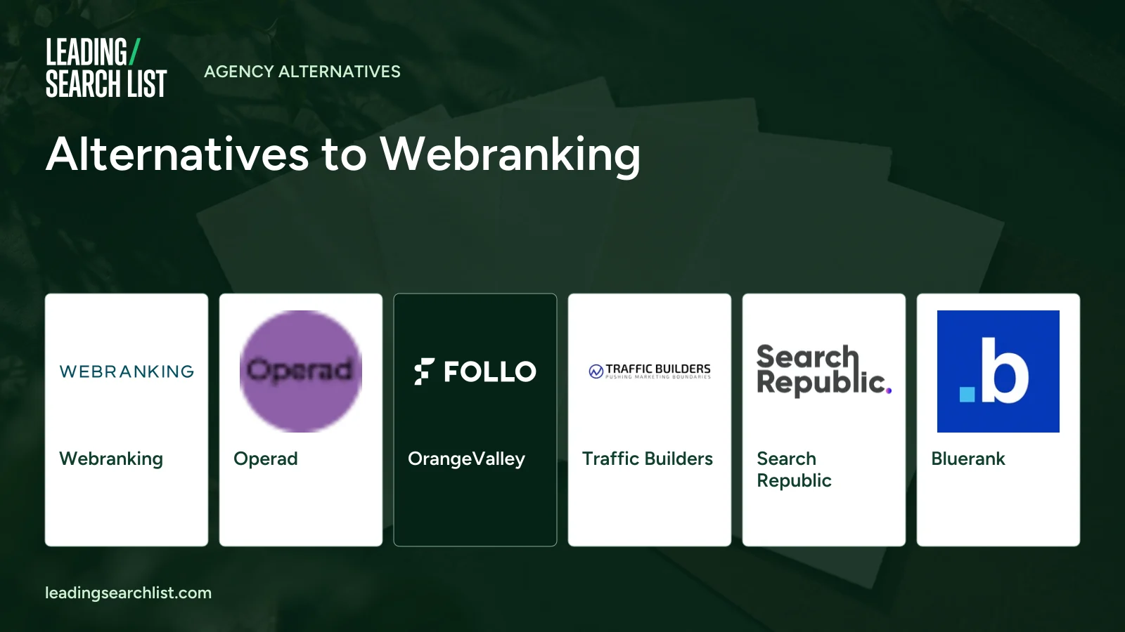 Alternatives to Webranking. Logos shown: Webranking, Operad, OrangeValley, Traffic Builders, Search Republic, Bluerank. Leading Search List.