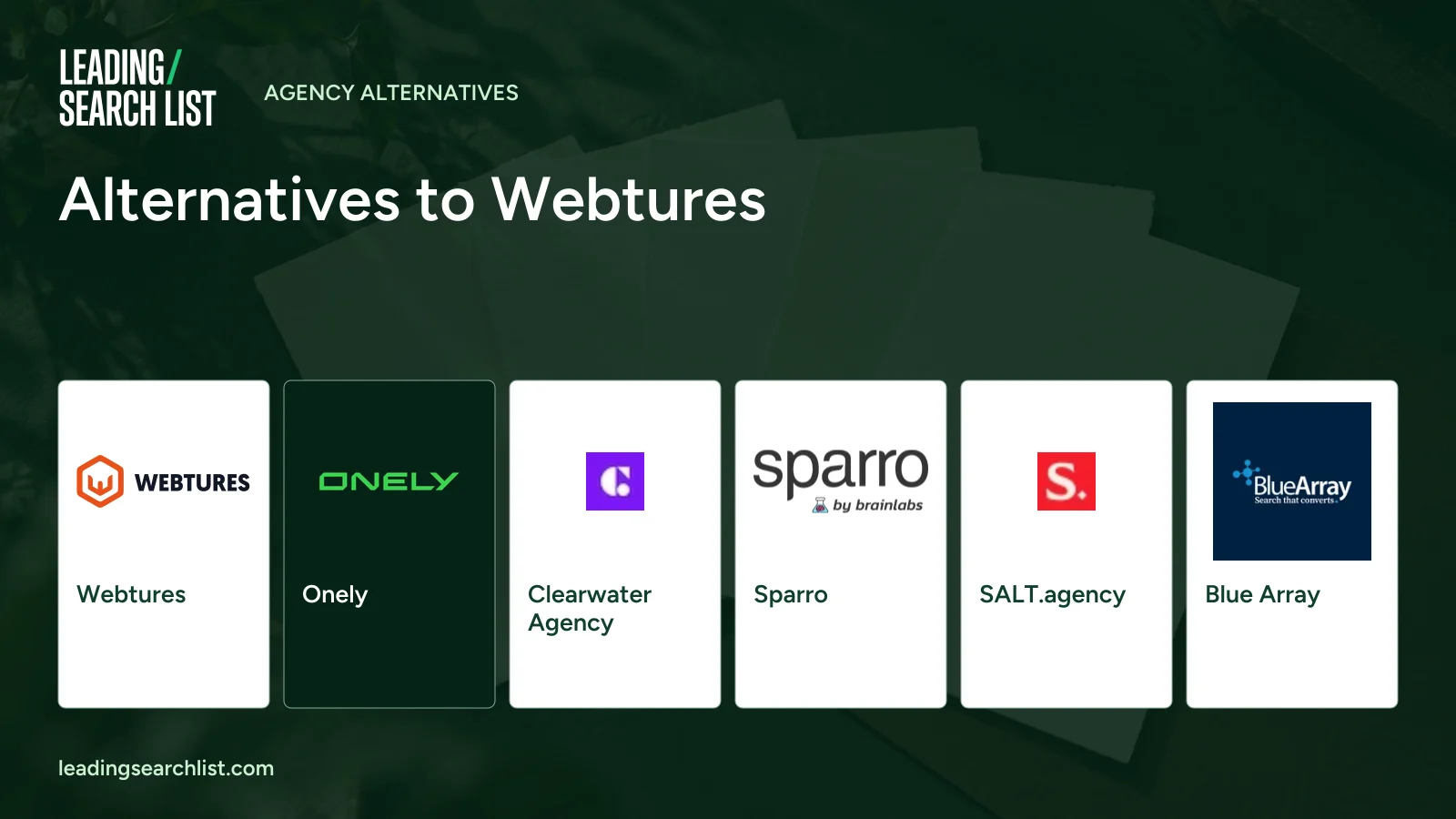 Alternatives to Webtures. Logos shown: Webtures, Onely, Clearwater Agency, Sparro, SALT.agency, Blue Array. Leading Search List.