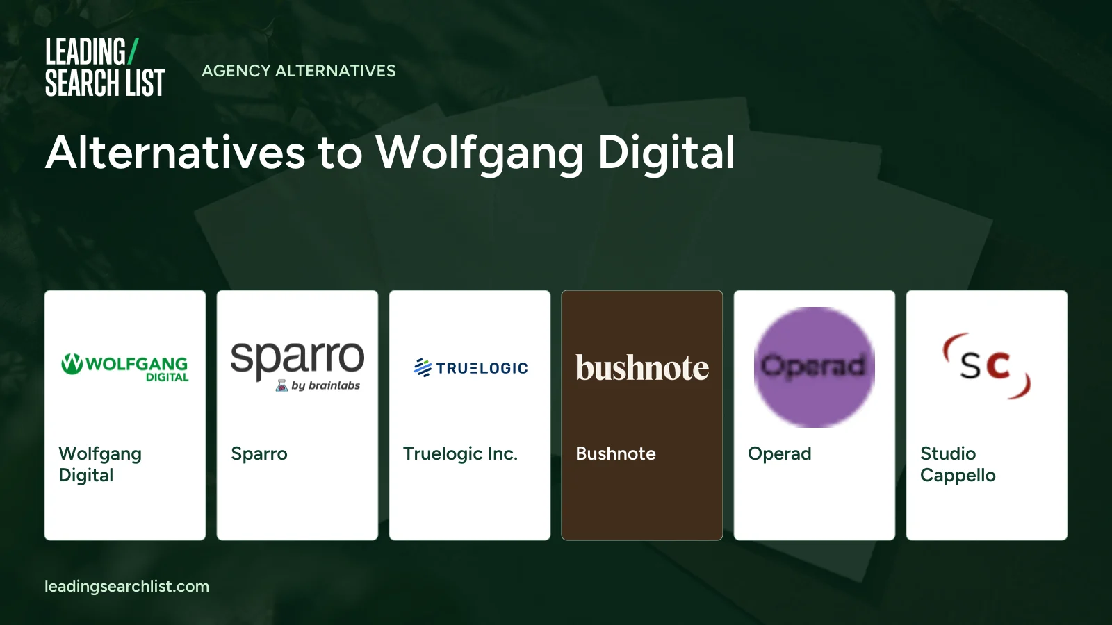 Alternatives to Wolfgang Digital. Logos shown: Wolfgang Digital, Sparro, Truelogic Inc., Bushnote, Operad, Studio Cappello. Leading Search List.